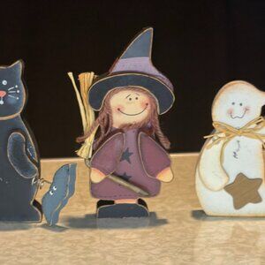 Set of 3 Rustic Wood Halloween Shelf Sitter Figures Decor